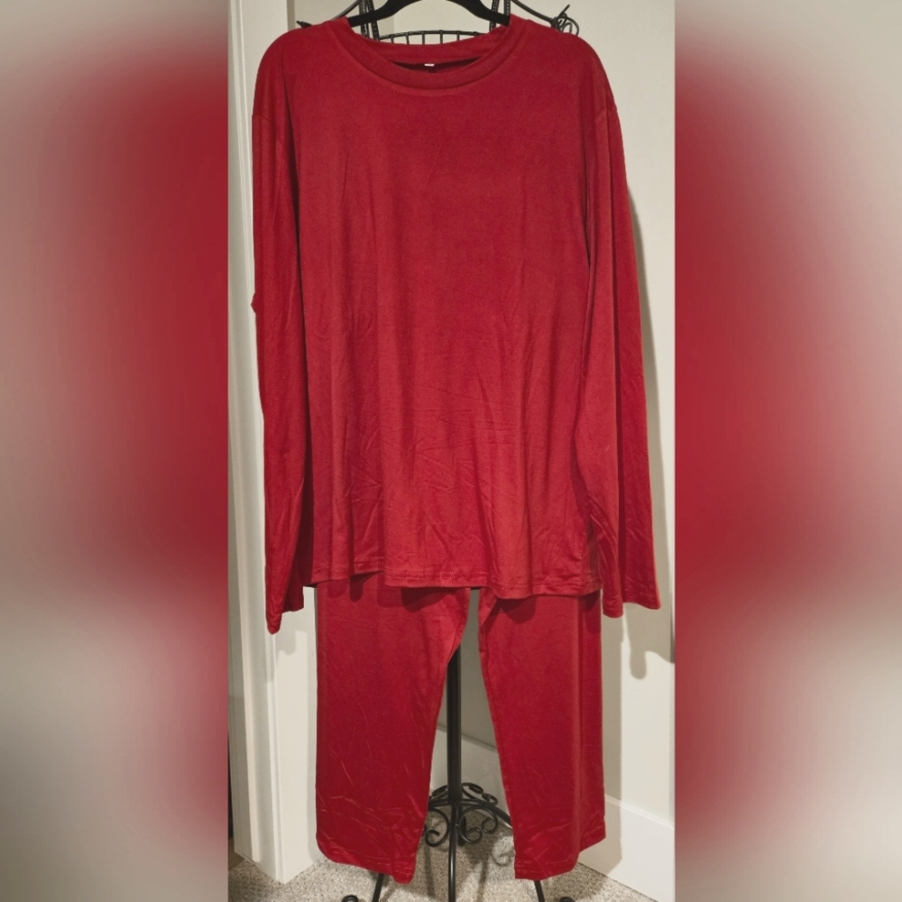 Women's Two-Piece Loungewear Long Sleeve Shirt & Pant Set (Wine Red) - Tycorwd